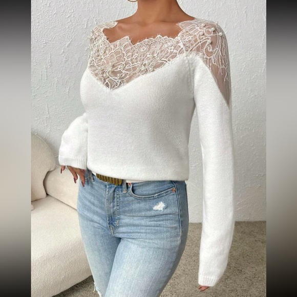 Cozy Sheer Mesh Eyelash Lace Pearls Sweater Top - Picture 3 of 7